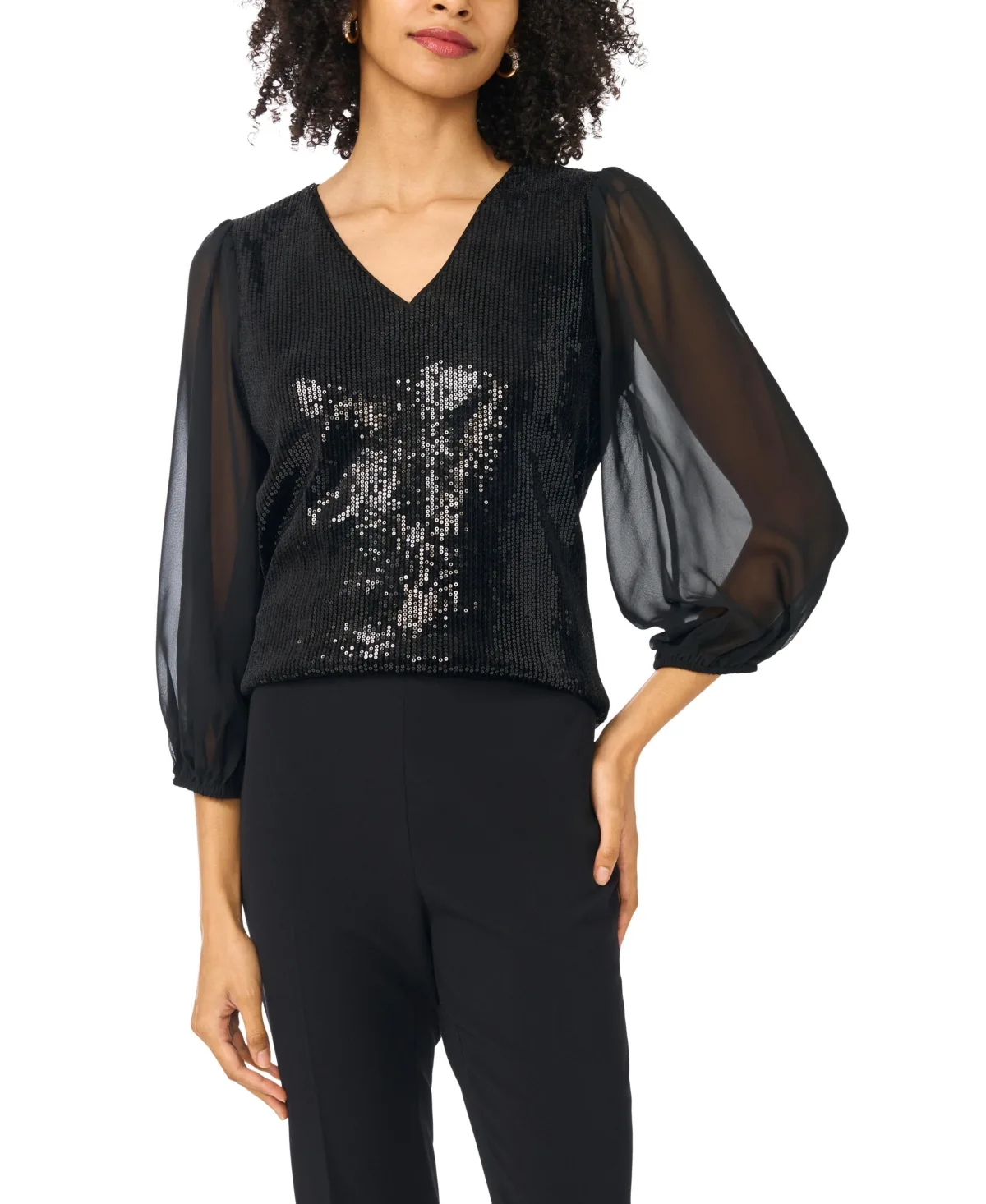 Long-Sleeve V-Neck Sequin Blouse by Vince Camuto