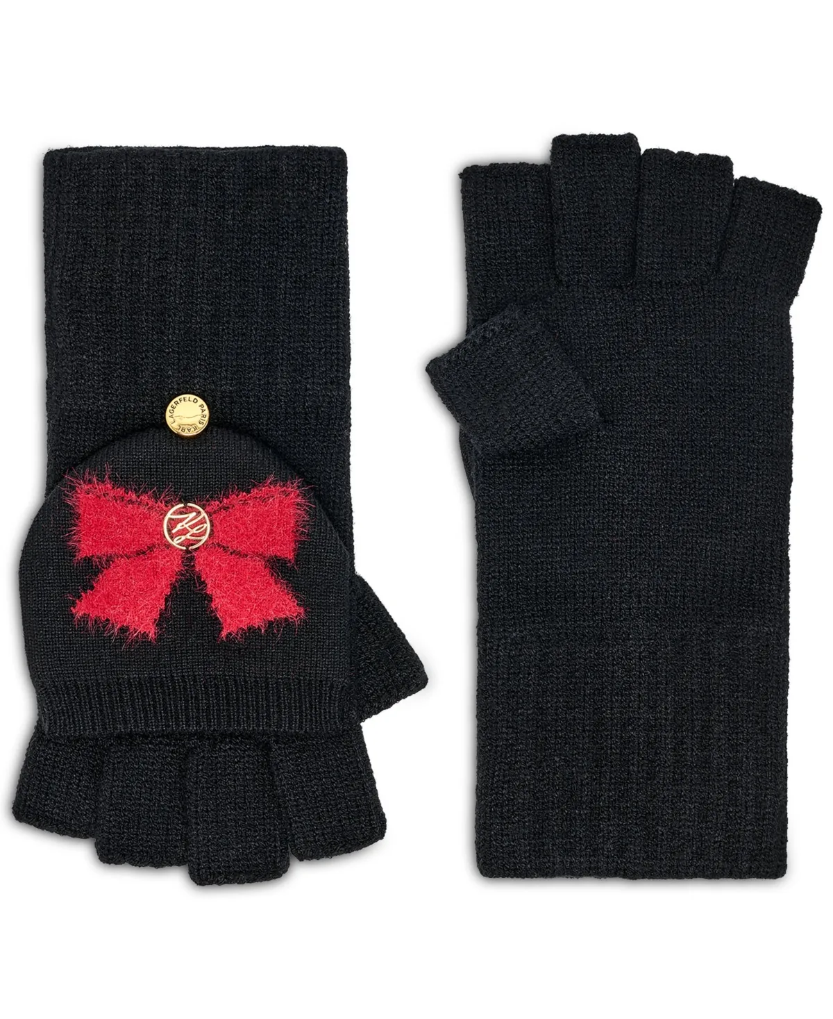 Fuzzy Bows Flip Top Mitten Gloves by Karl Lagerfeld