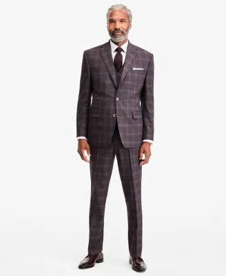 Tayion Collection Classic Fit Burgundy Plaid Suit Separates by Tayion Collection