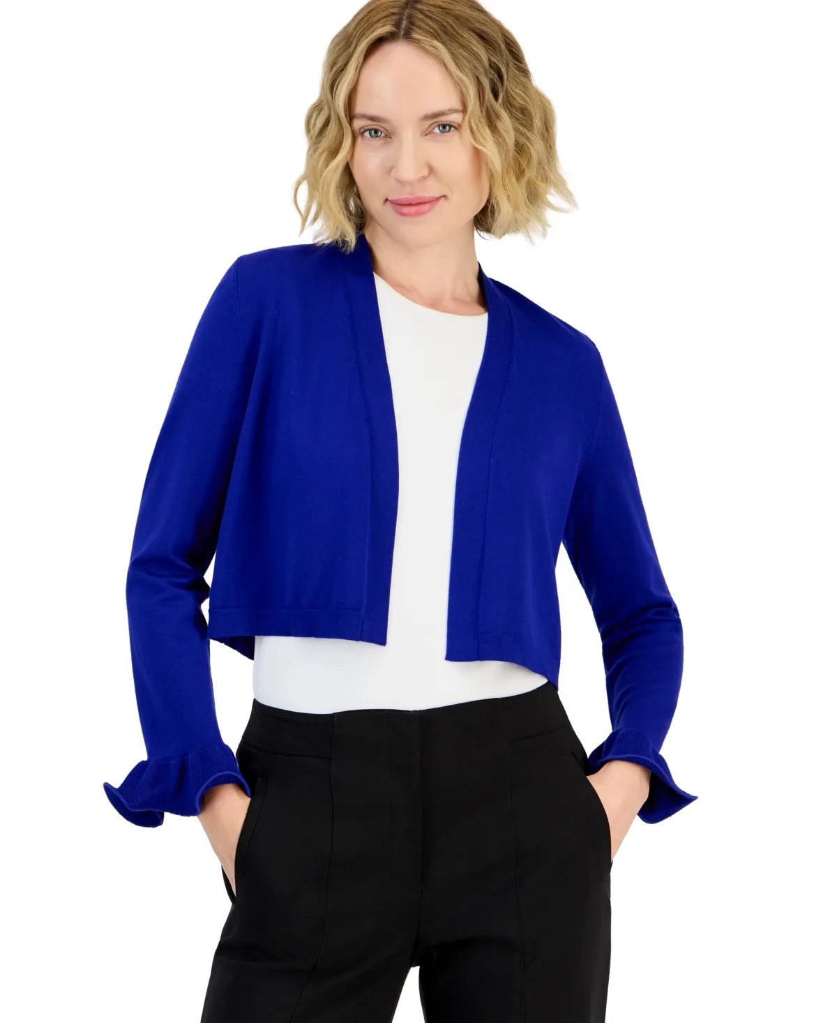 Kiss Front Cropped Long-Sleeve Lettuce-Cuff Shrug by Kasper