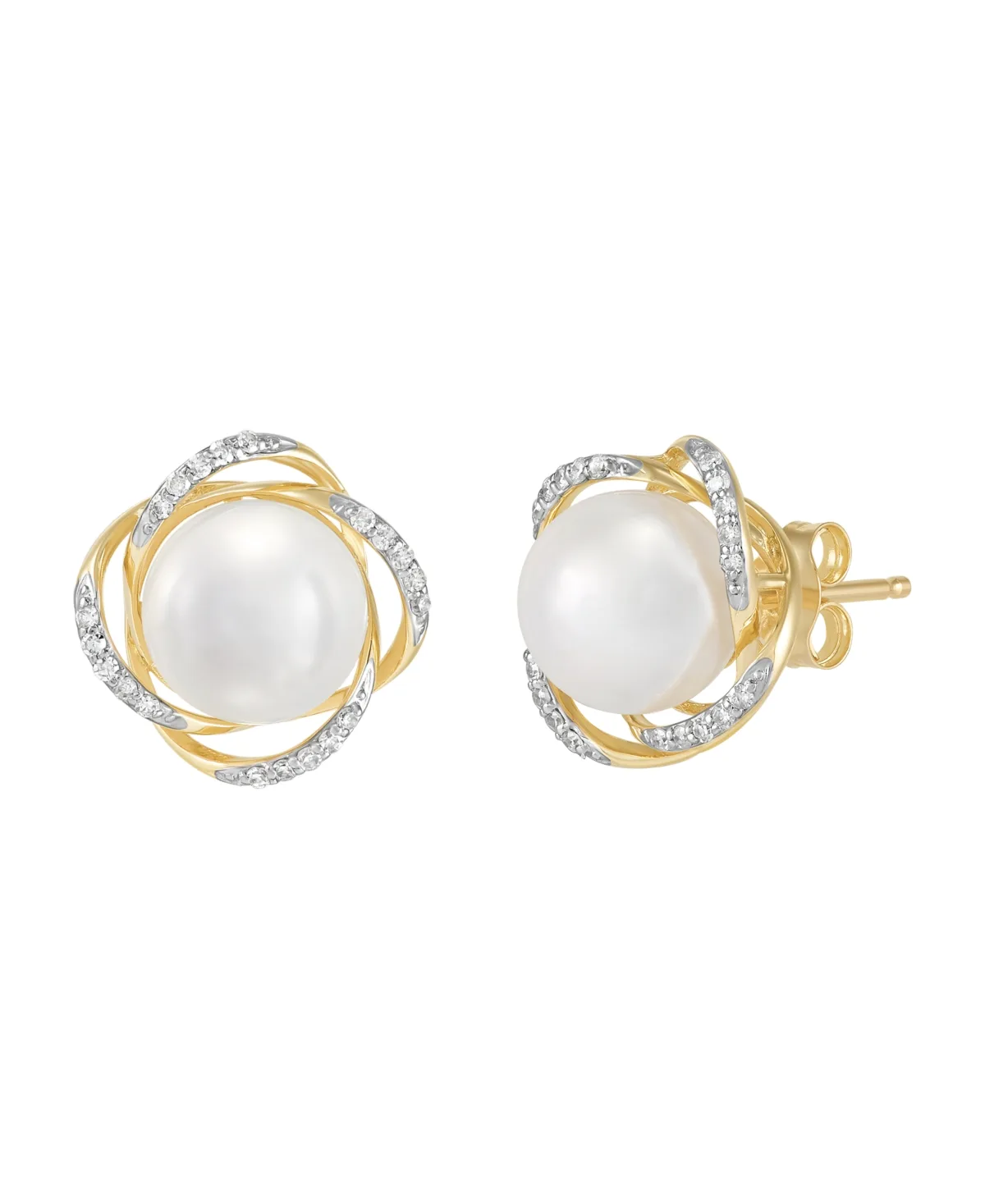 Cultured Freshwater Pearl Love Knot Diamond Stud Earrings (1/10 ct. t.w.) in 10k Yellow Gold by Honora