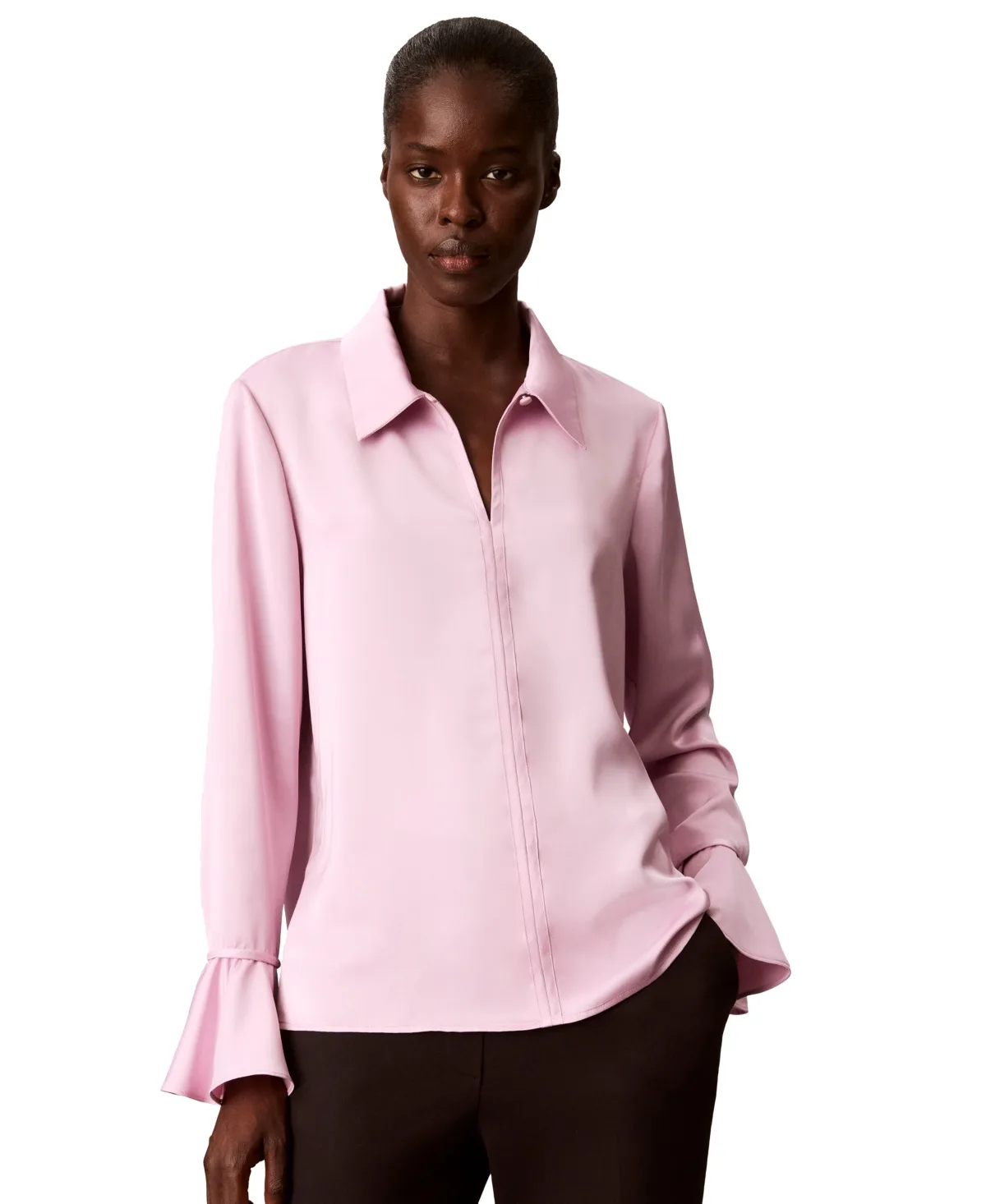 Long-Sleeve Flutter-Cuff Satin Blouse by Calvin Klein
