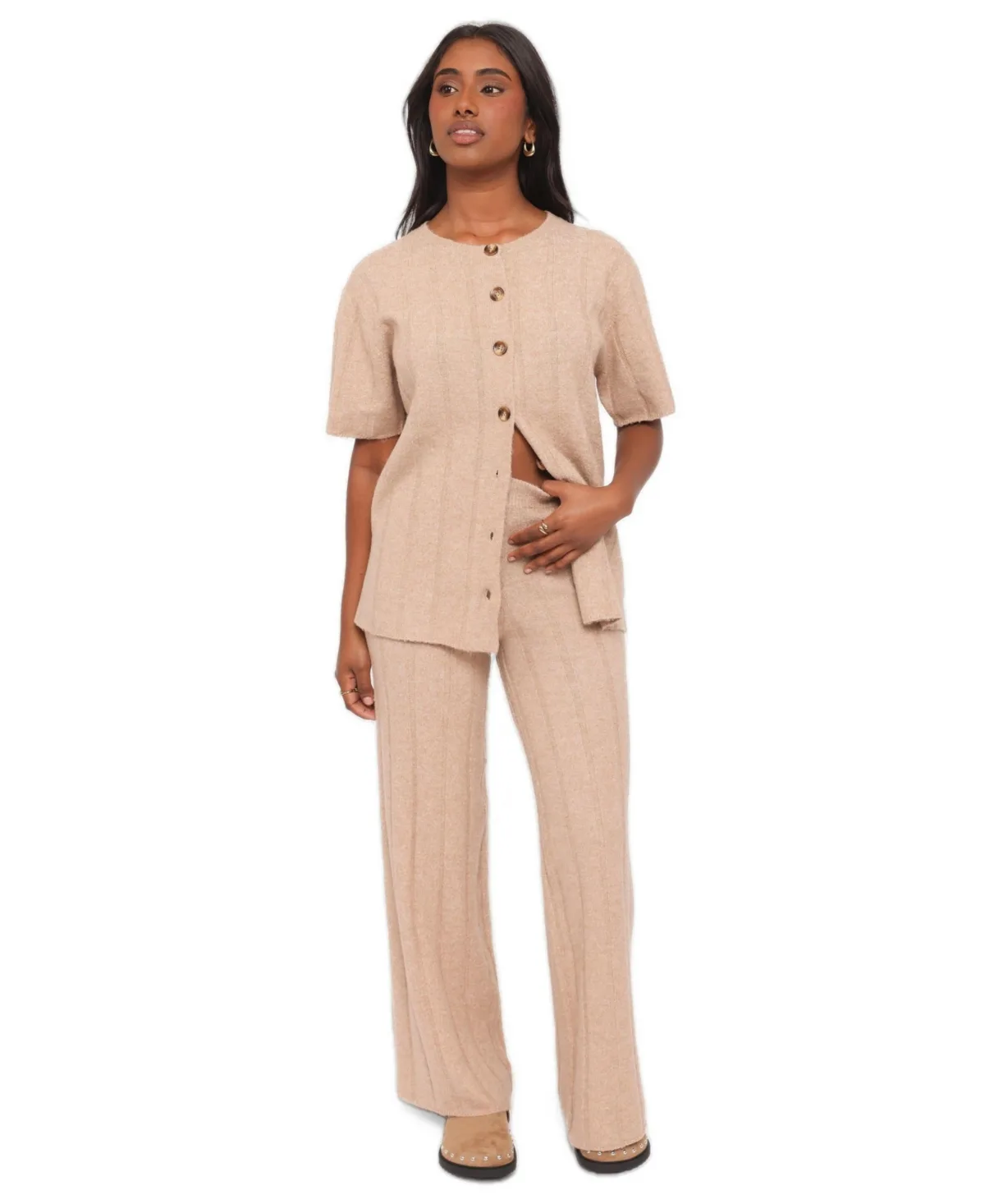 Wallace Wide-Leg Ribbed Short-Sleeve Top and Pants, 2-Piece Set by Petal and Pup