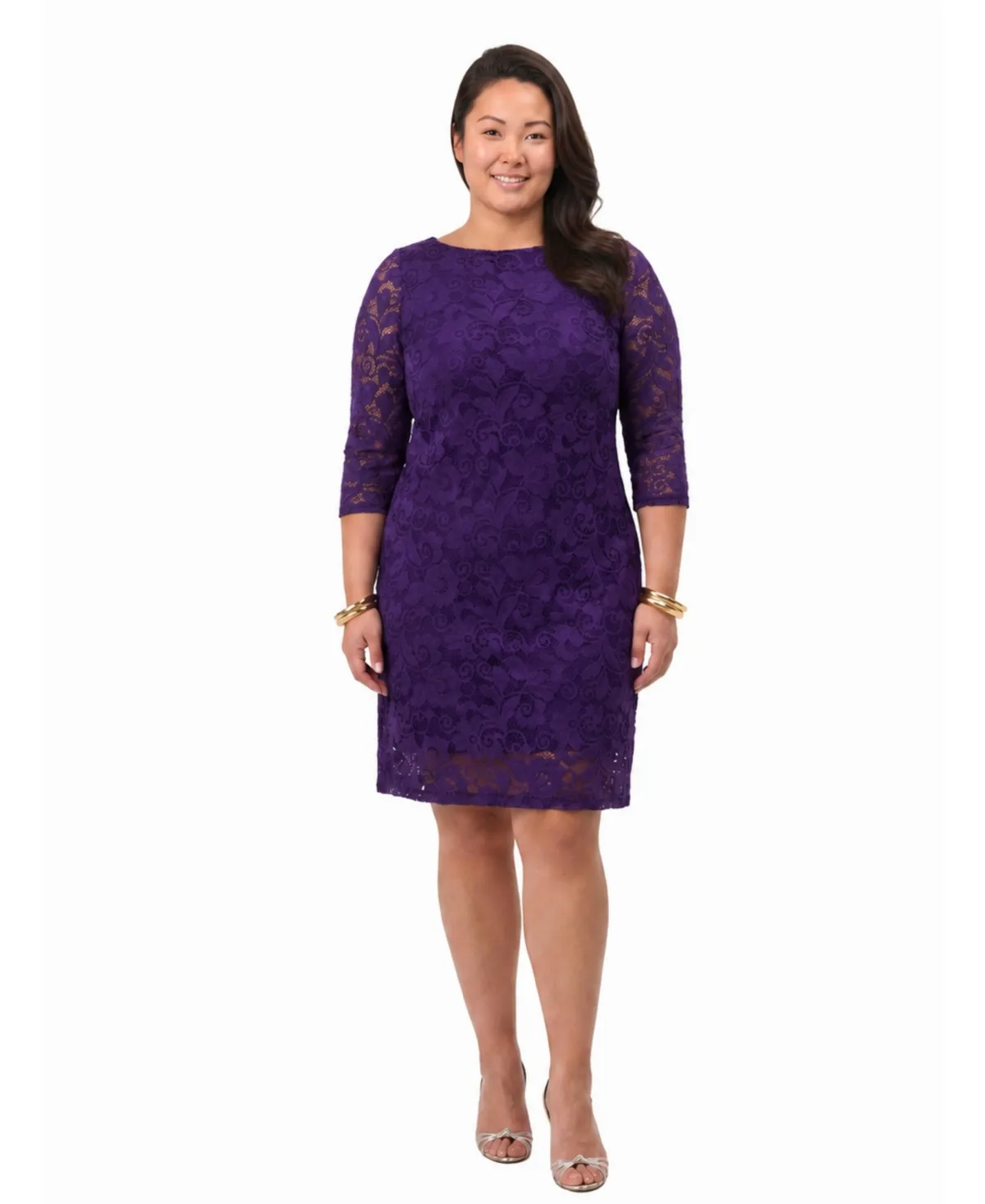 Floral-Print Crewneck Three-Quarter Sleeve Lace Dress