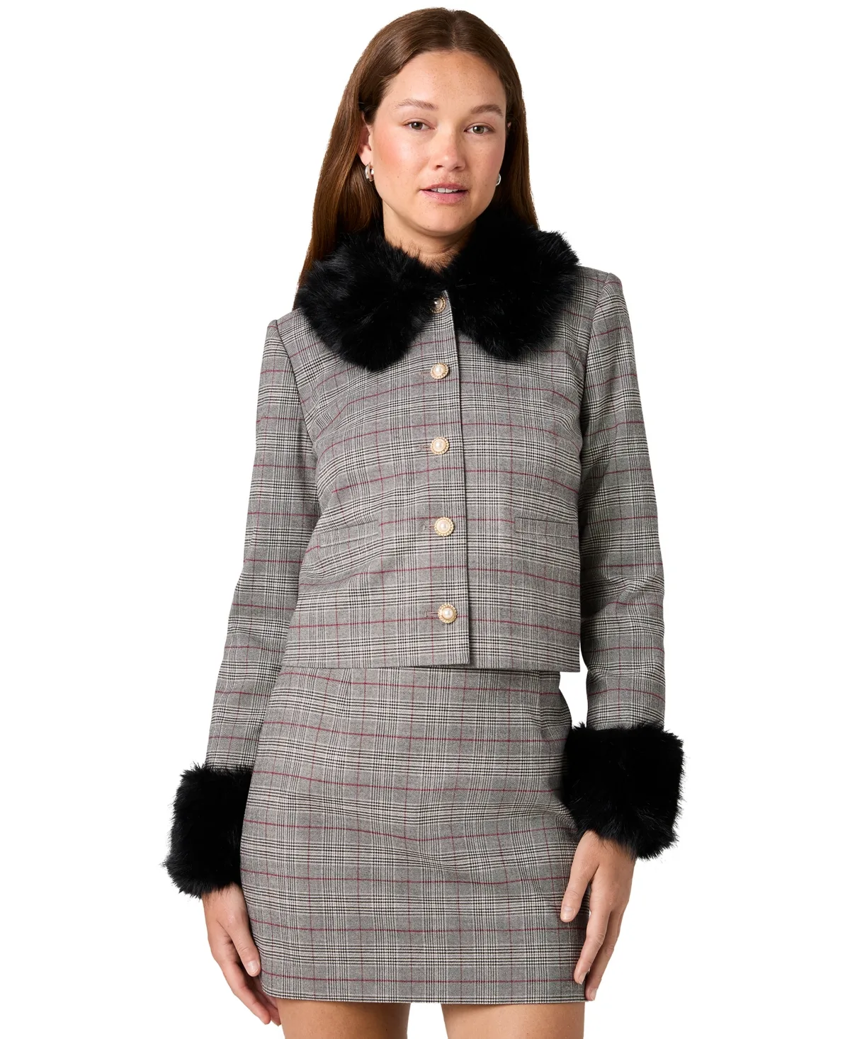 Leonie Tartan Plaid Cropped Faux-Fur-Trim Coat by French Connection