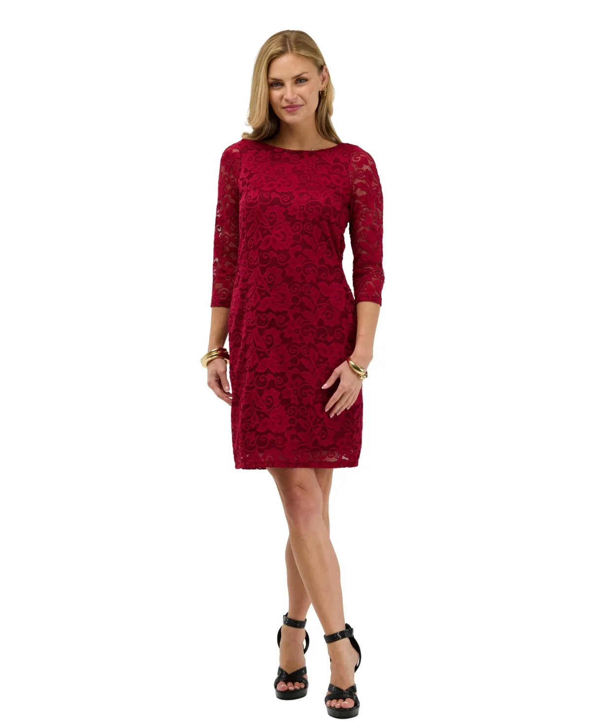 Floral Lace Boat Neck 3/4-Sleeve Dress