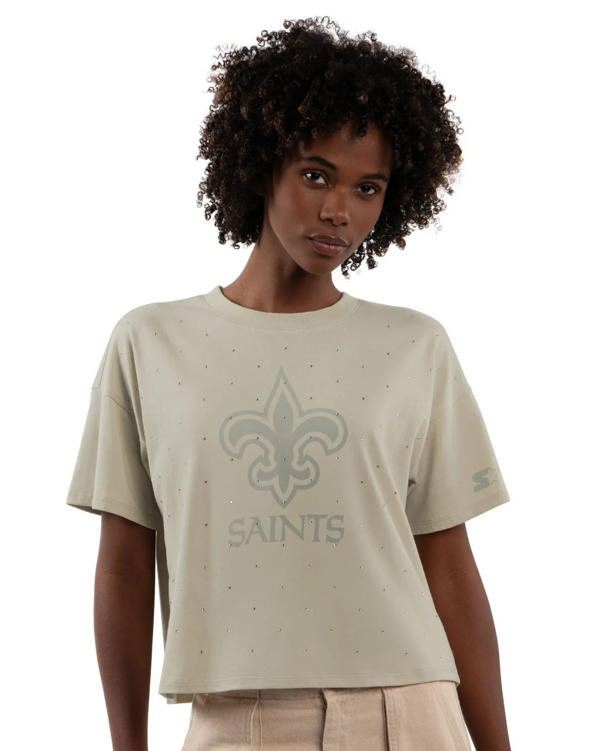 New Orleans Saints Rhinestone Sprinkle Boxy Cropped T-Shirt by Starter
