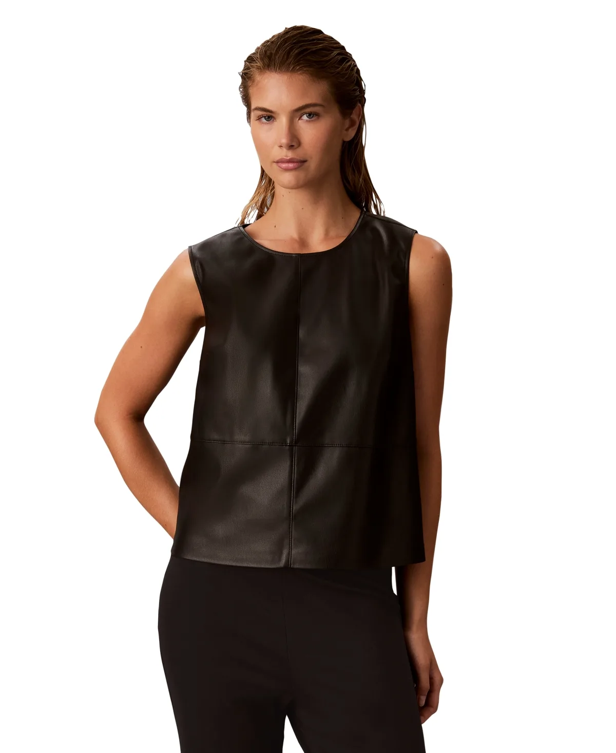 Sleeveless Faux Leather Crewneck Shell by Calvin Klein