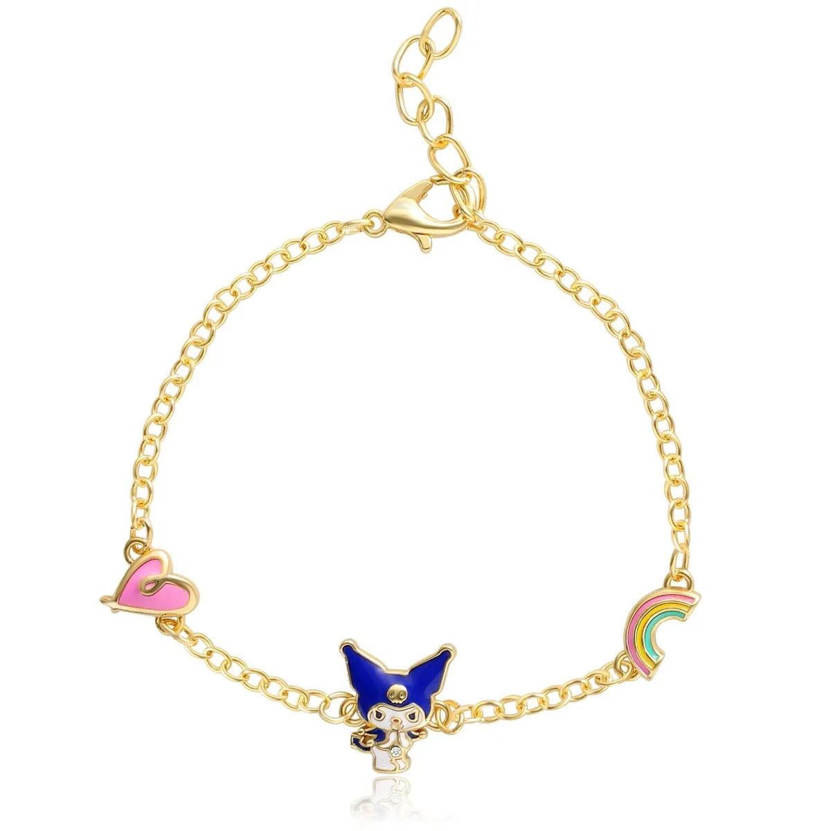 Sanrio and Friends 18kt Gold Flash Plated Kuromi Station Bracelet with Heart and Rainbow, 6.5 + 1, Officially Licensed by Hello Kitty