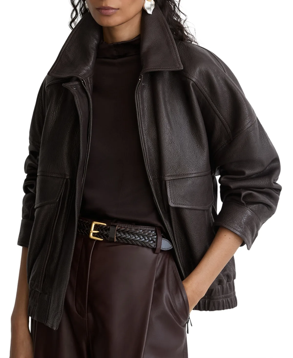 Maeve Leather Bomber Zip-Up Jacket by Reiss