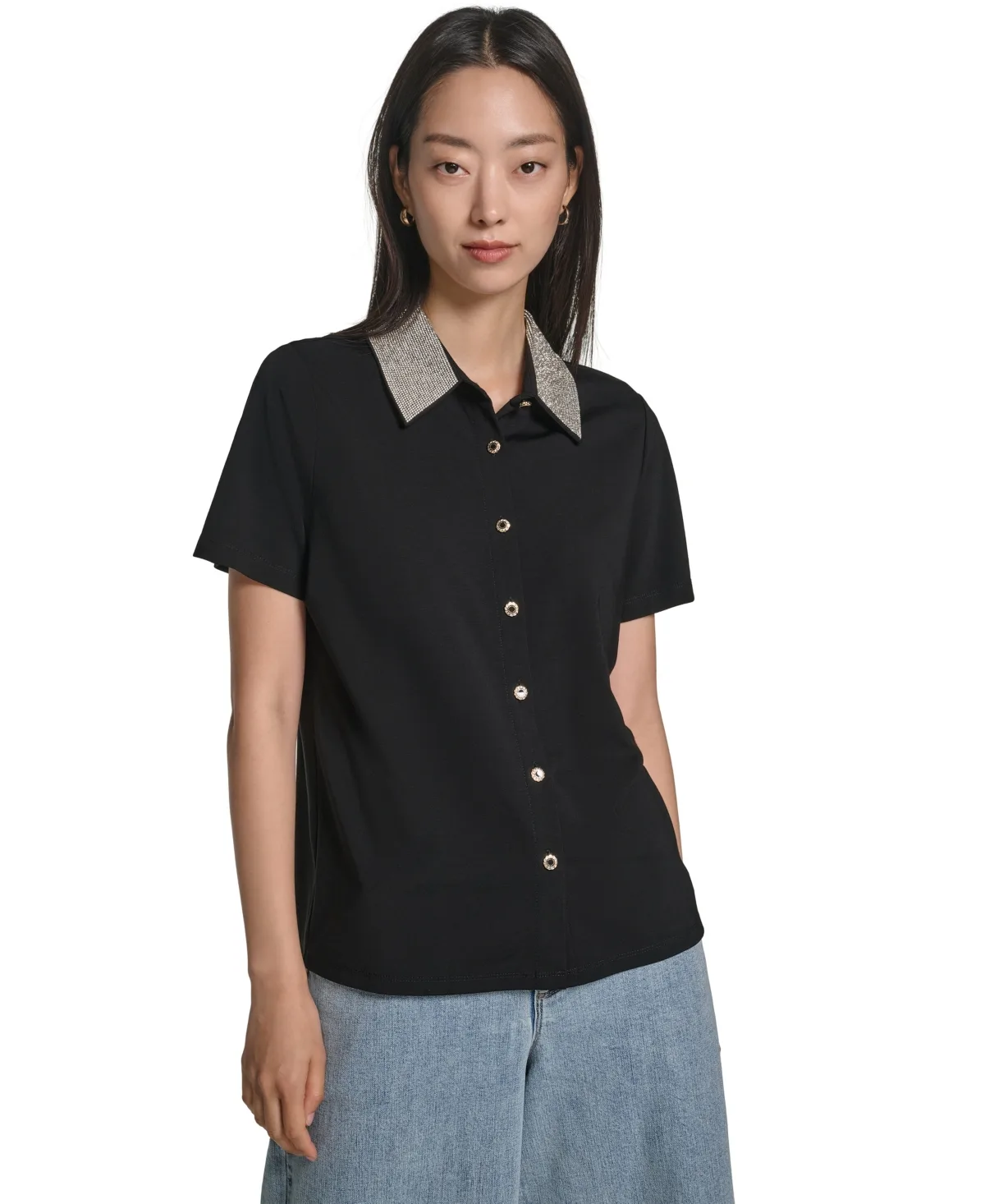 Paris Petite Crystal Collar Short Sleeve Blouse by Karl Lagerfeld