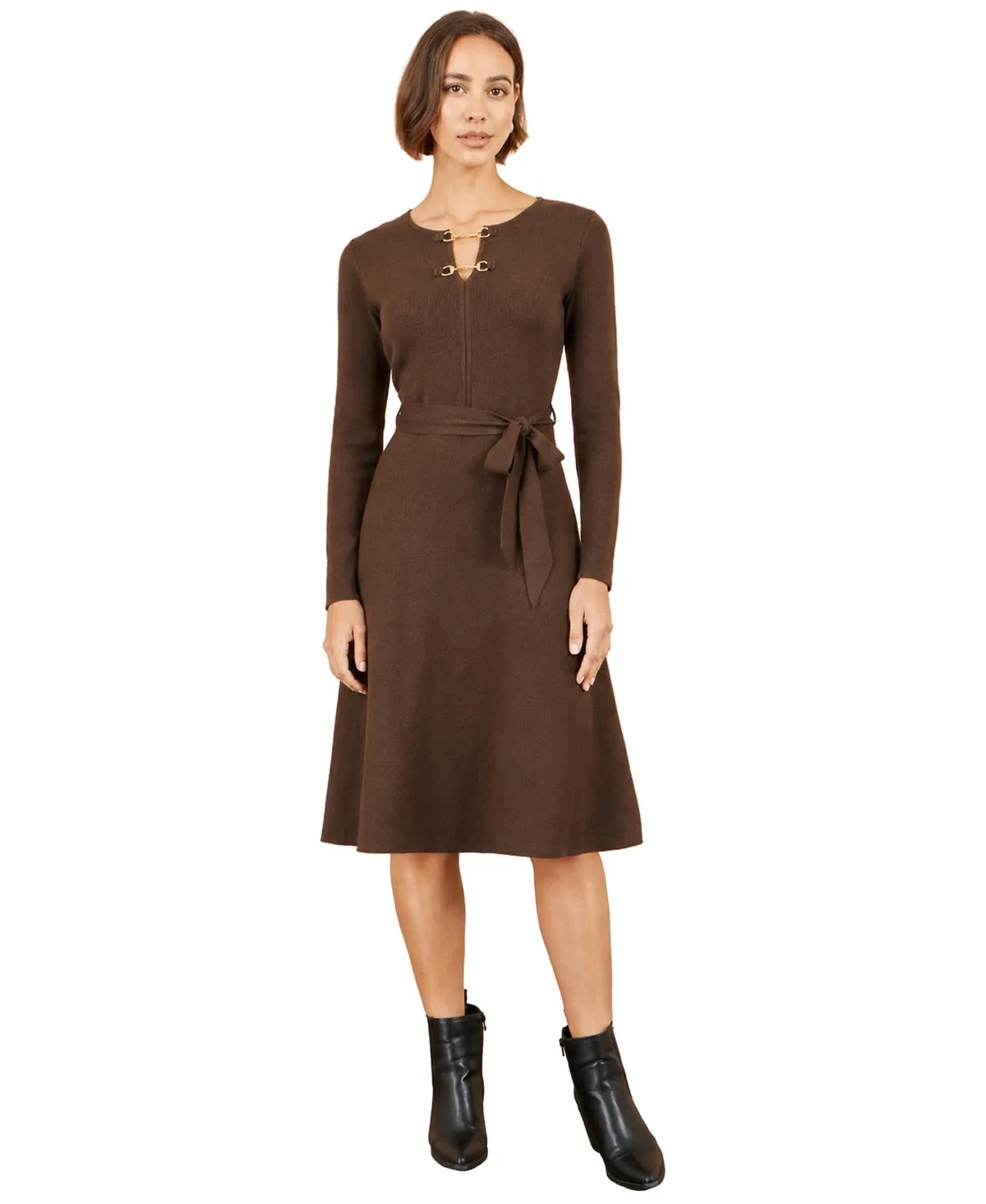Knitted Skater Long-Sleeve Keyhole Neck Midi Dress by Yumi