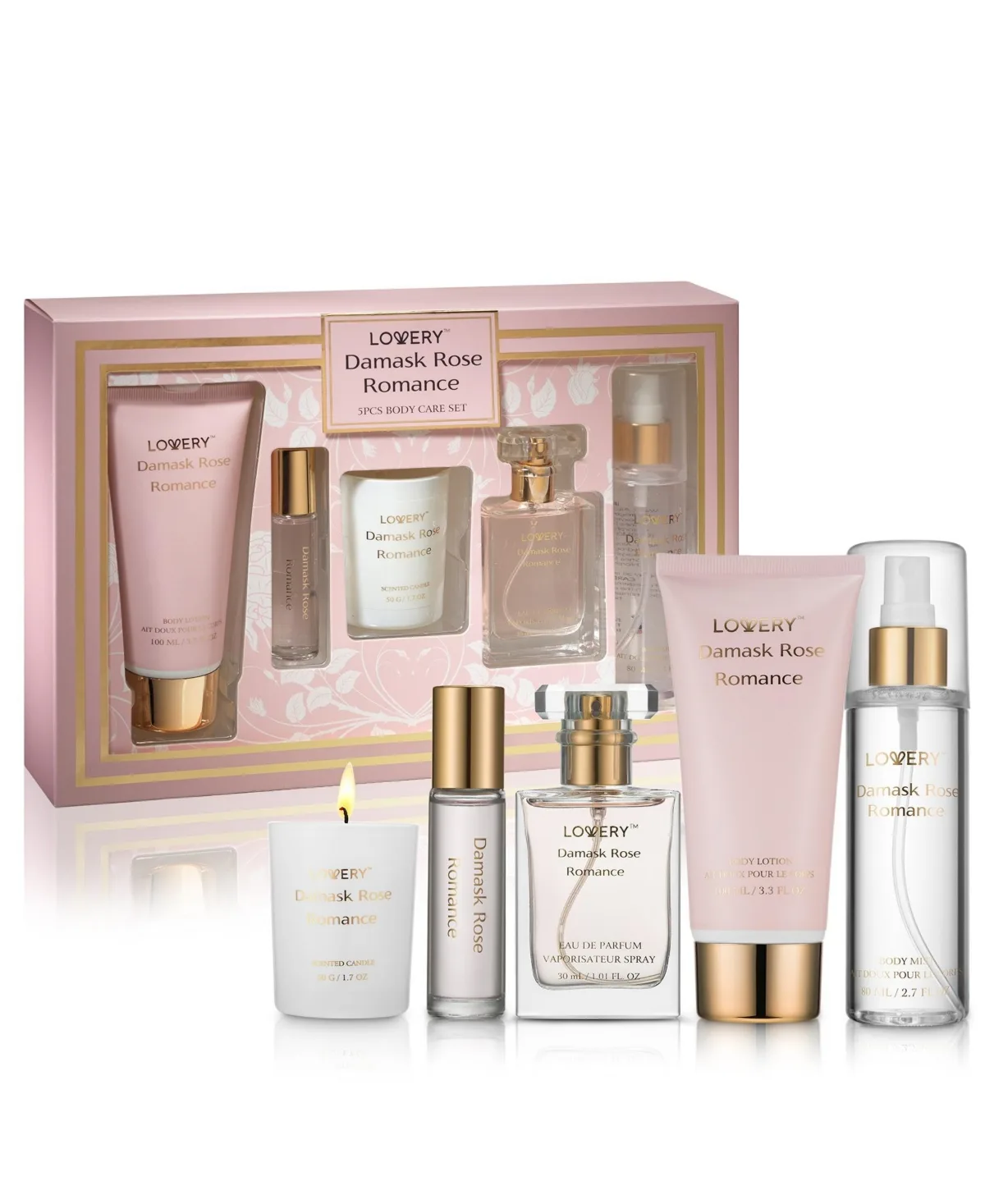 6-Piece Damask Rose Romance Bath and Body Care Gift Set with Candle and More by Lovery