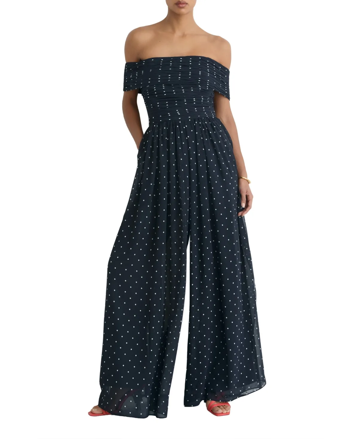 Margo Polka-Dot Off-the-Shoulder Wide-Leg Jumpsuit by Reiss