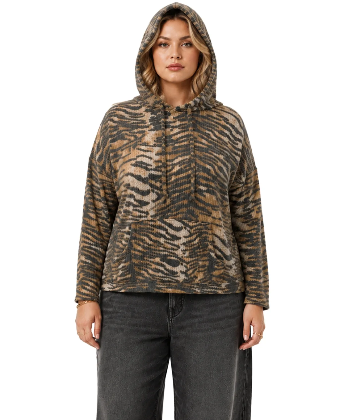 Coin 1804 Waffle-Knit Animal-Print Kangaroo-Pocket Long-Sleeve Hoodie by Coin 1804