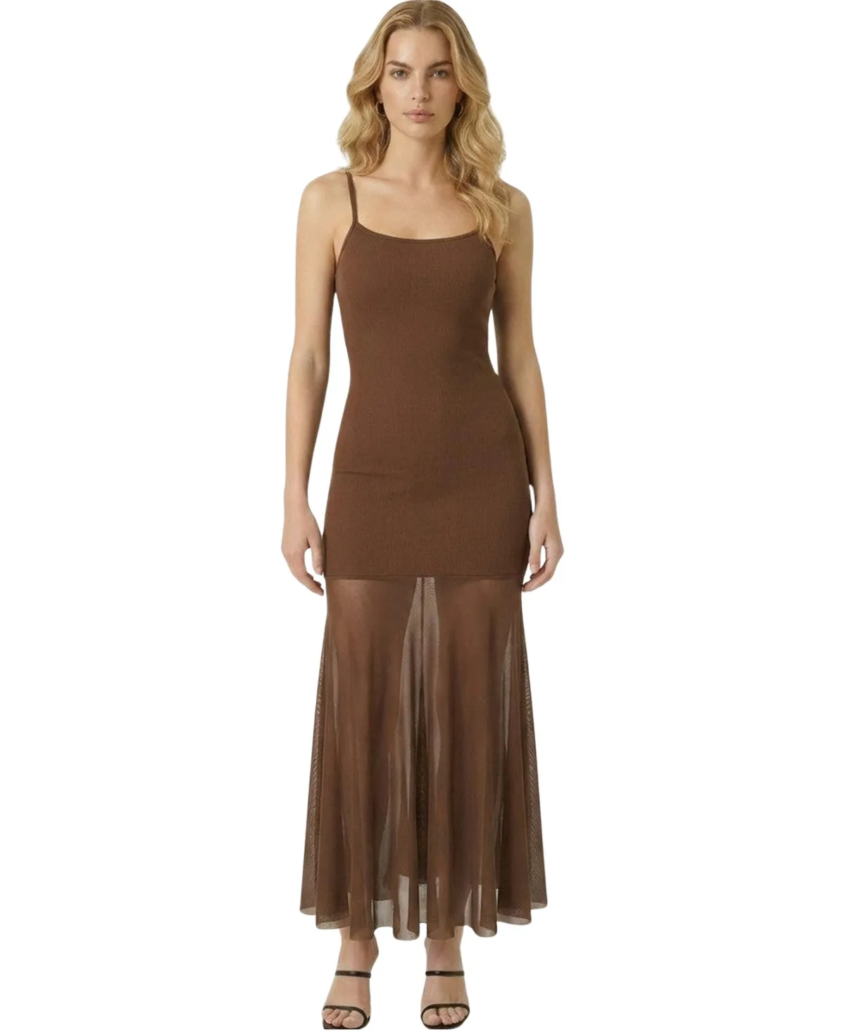 Sheer Mesh Spaghetti-Strap Maxi Dress