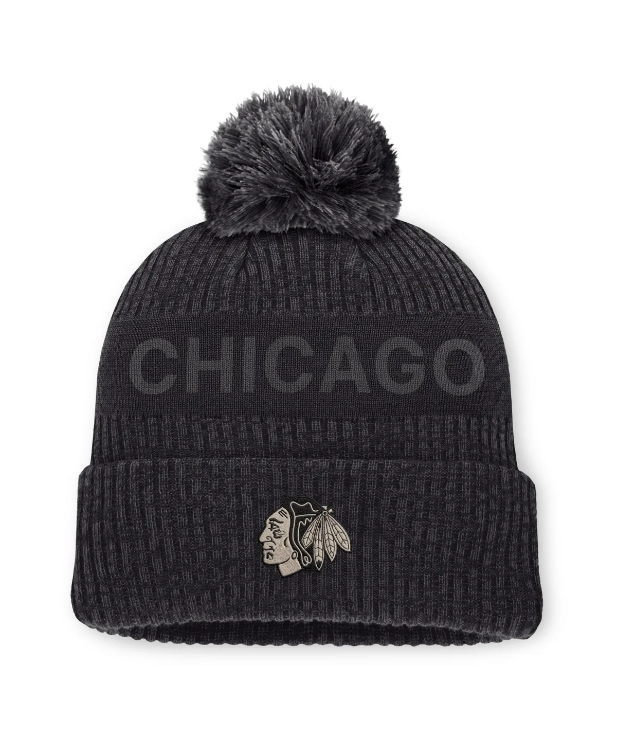 Chicago Blackhawks Road Phantom Cuffed Knit with Pom Hat by Fanatics