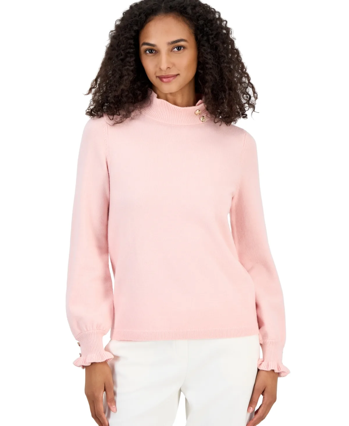 Ruffle Mock Neck Long-Sleeve Fitted Sweater by Anne Klein