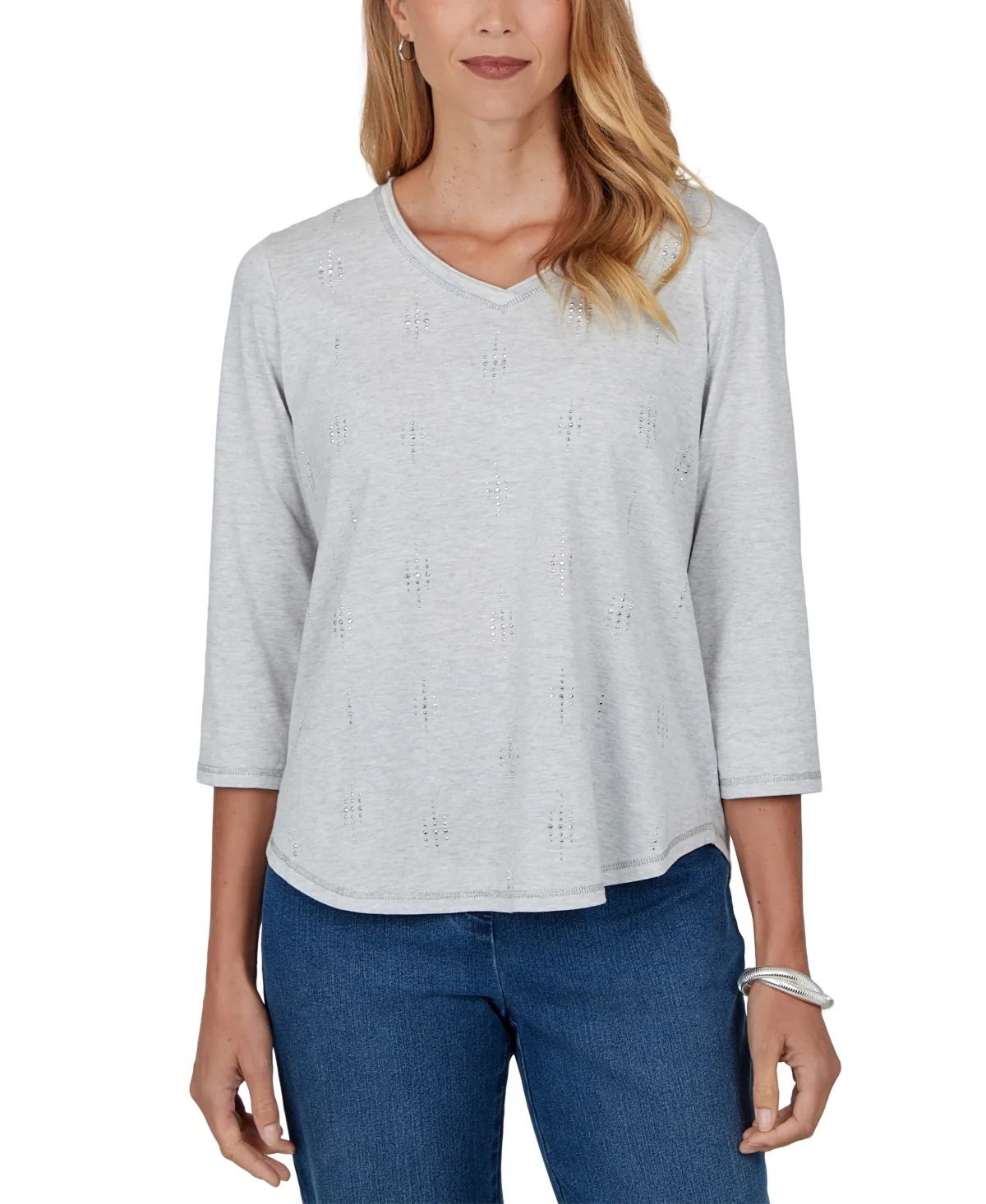 V-Neck 3/4-Sleeve Curved-Hem Cotton-Blend T-Shirt by Alfred Dunner