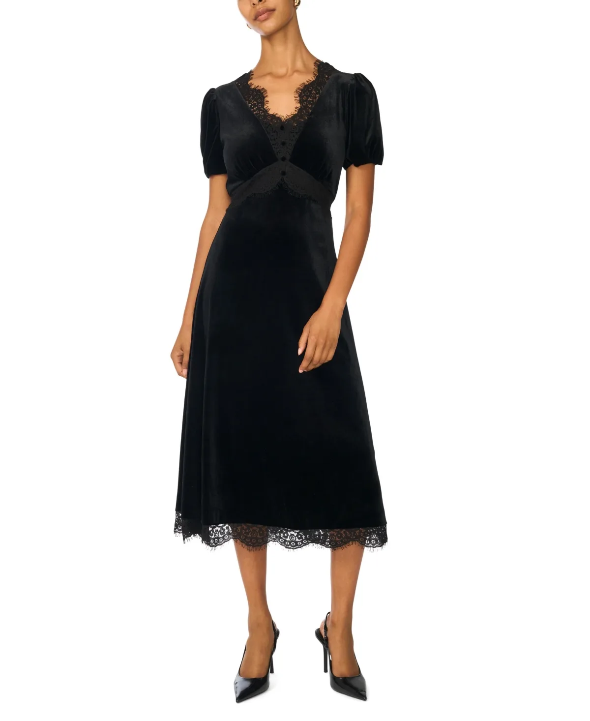 Lace-Trim Puff-Sleeve Midi Dress by Vince Camuto
