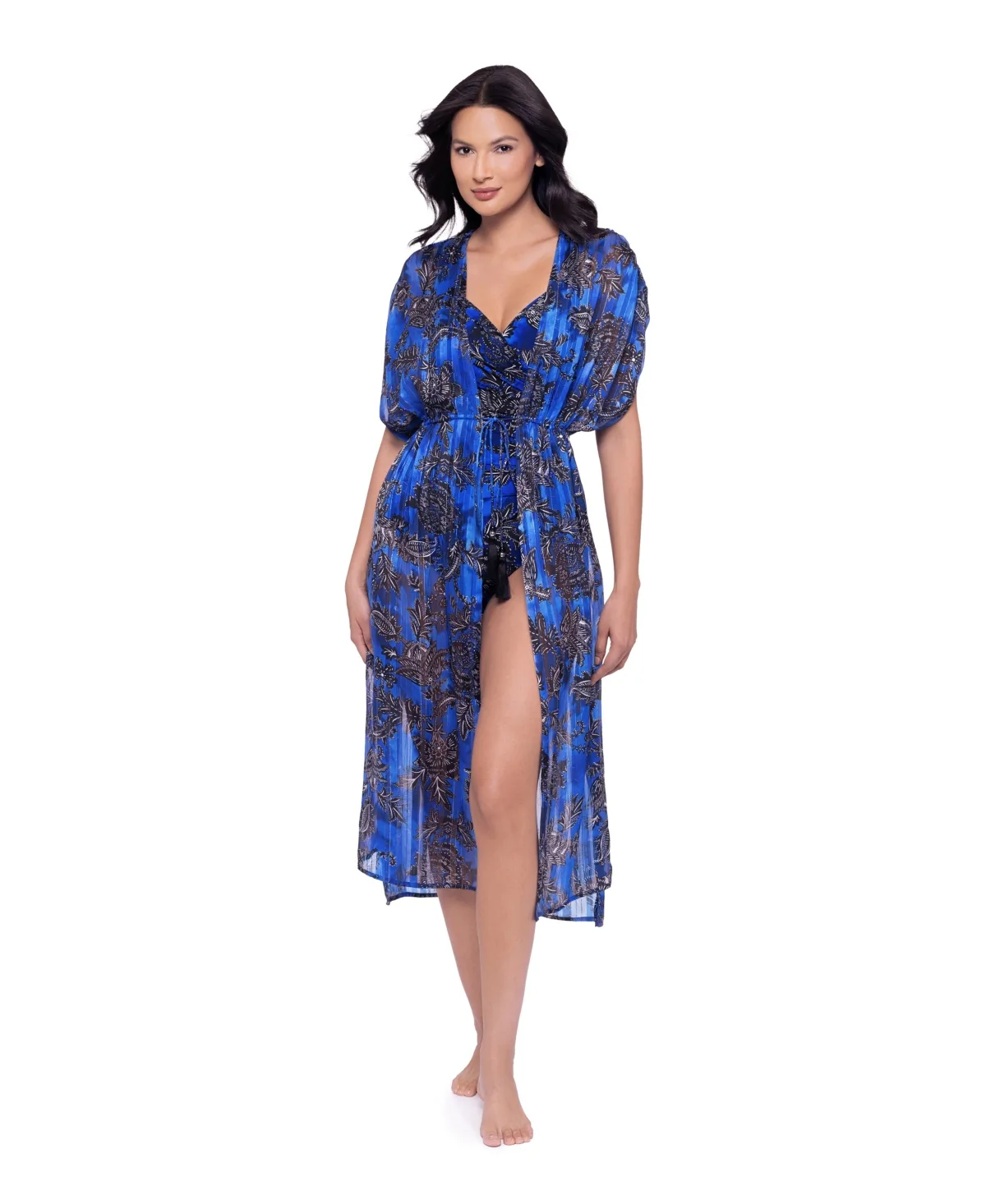 Floral Adjustable Tie Waist Midi Kimono Coverup by Miraclesuit