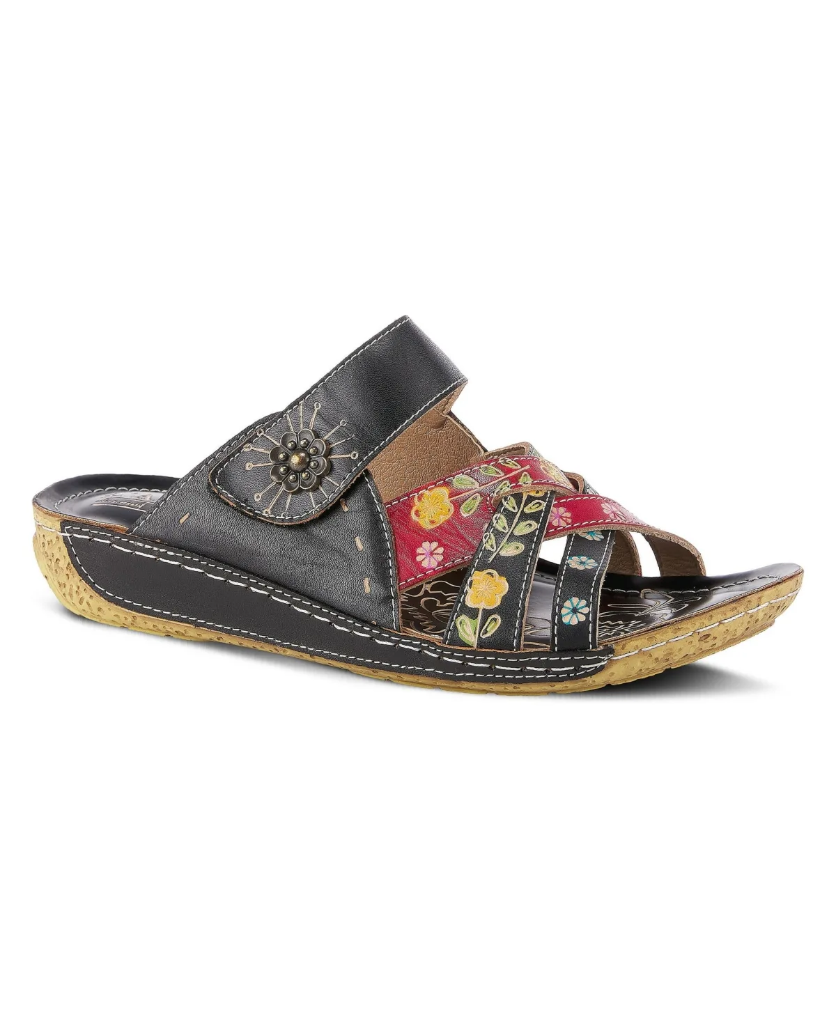 Leigh Hand-Painted Floral Embossed Wedge Slides by Lartiste