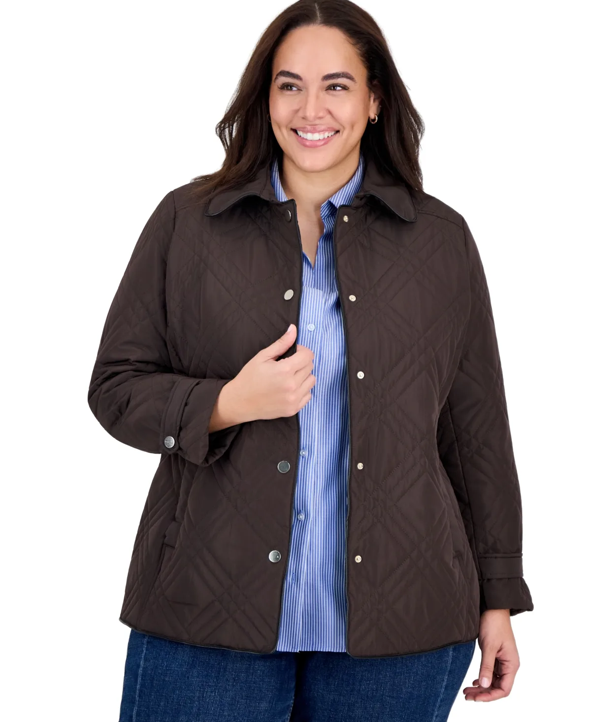 Triple-Diamond Quilted Faux-Leather Piping Jacket by Jones New York