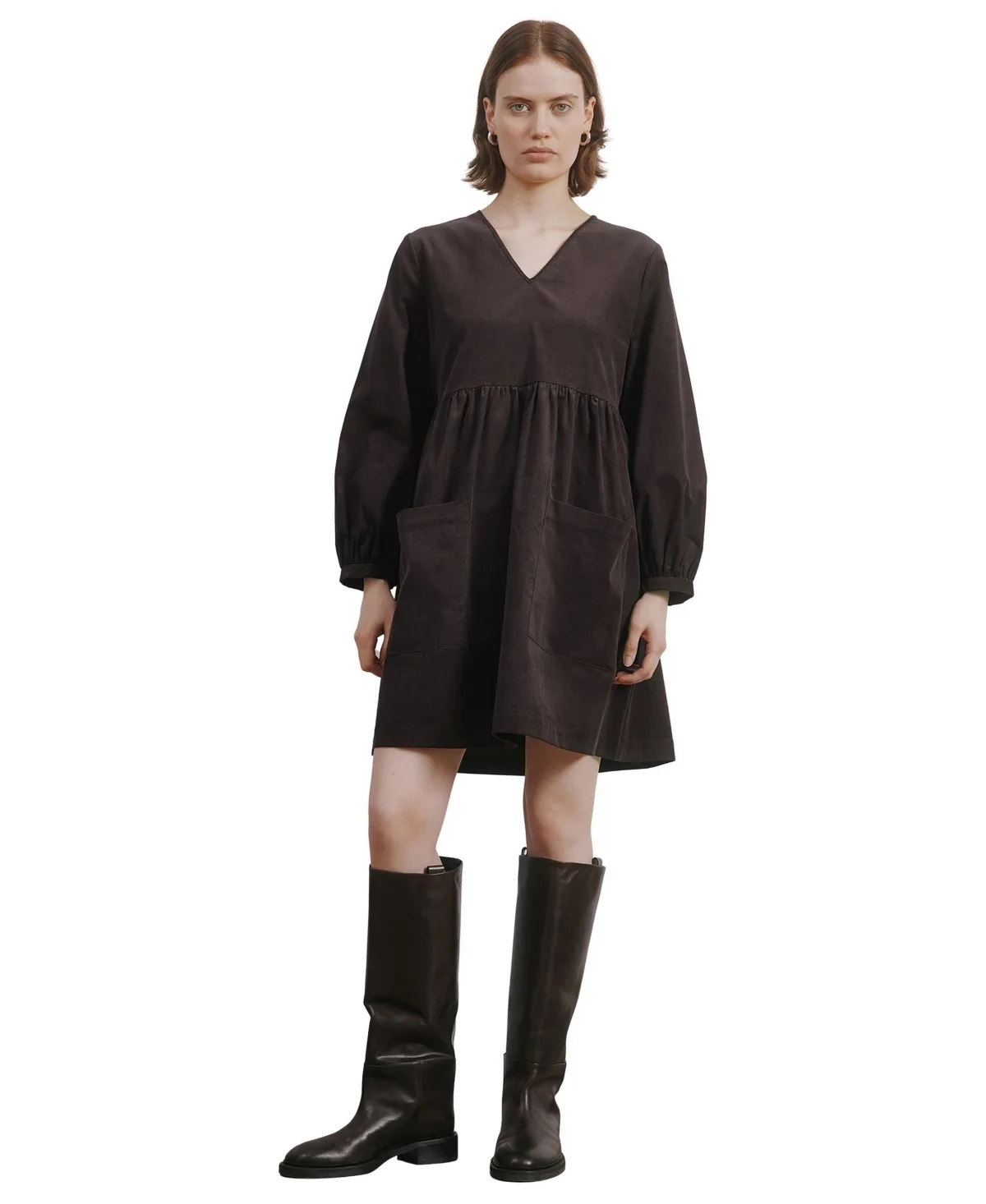 A-Line Empire Waist Long-Sleeve Corduroy Dress by Albaray
