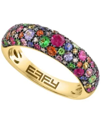 Diamond Multi Gemstone Huggie Earrings Cable Chain Necklace Ring in 14k Yellow Gold by Effy Collection