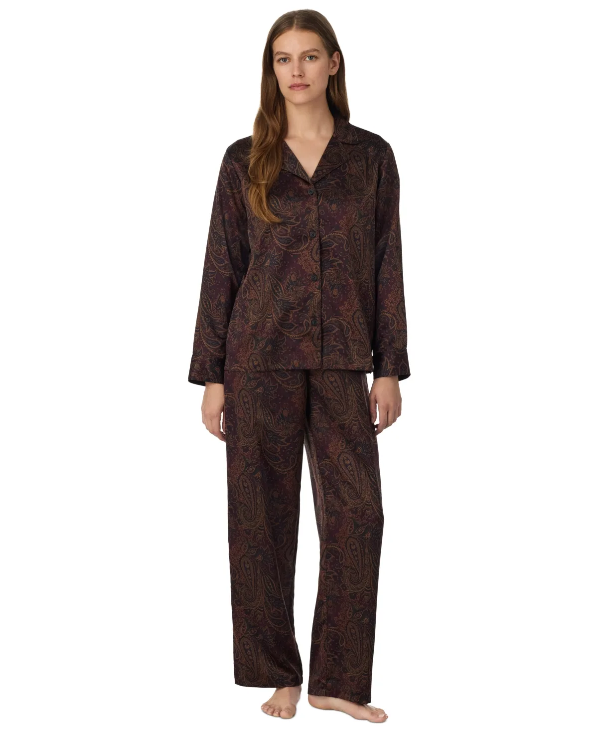 Satin Long Sleeve Notch Collar Pajama Top and Pajama Pants, 2-Piece Set by Ralph Lauren