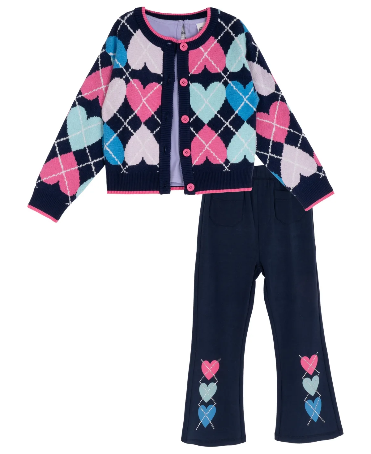 Heart Jacquard Cardigan, Top and Pants, 3-Piece Set by Rare Editions