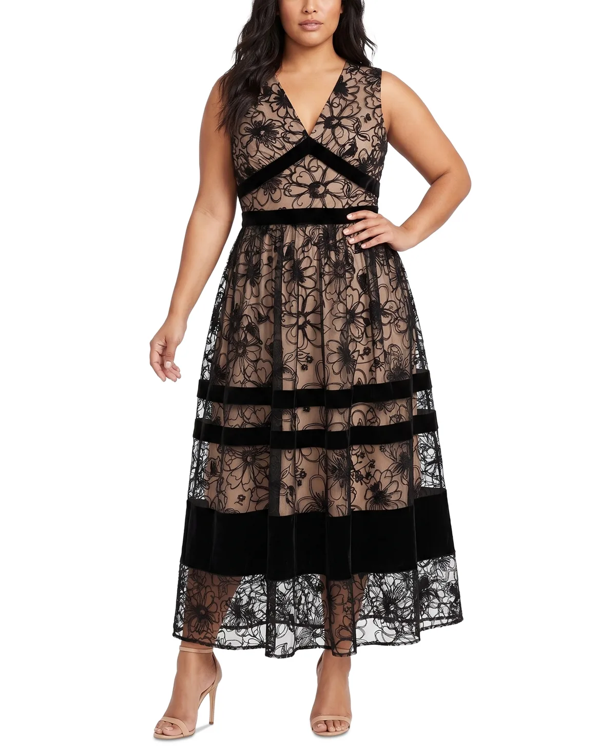 Lace Velvet Combo Fit & Flare Floral-Print Dress by Taylor