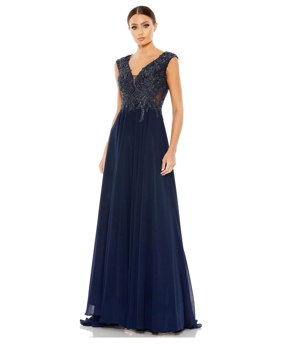 Mac Duggal Appliqued Cap Sleeve Bodice Flowy Gown by M.A.C.