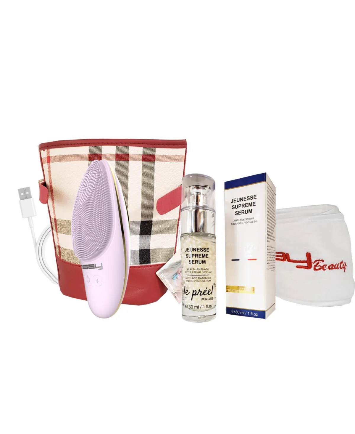 Facial Cleansing Brush with Led Photon Therapy Super Bundle with Anti Age Serum Cream, Usb Cable, Headband and Bag by Linsay