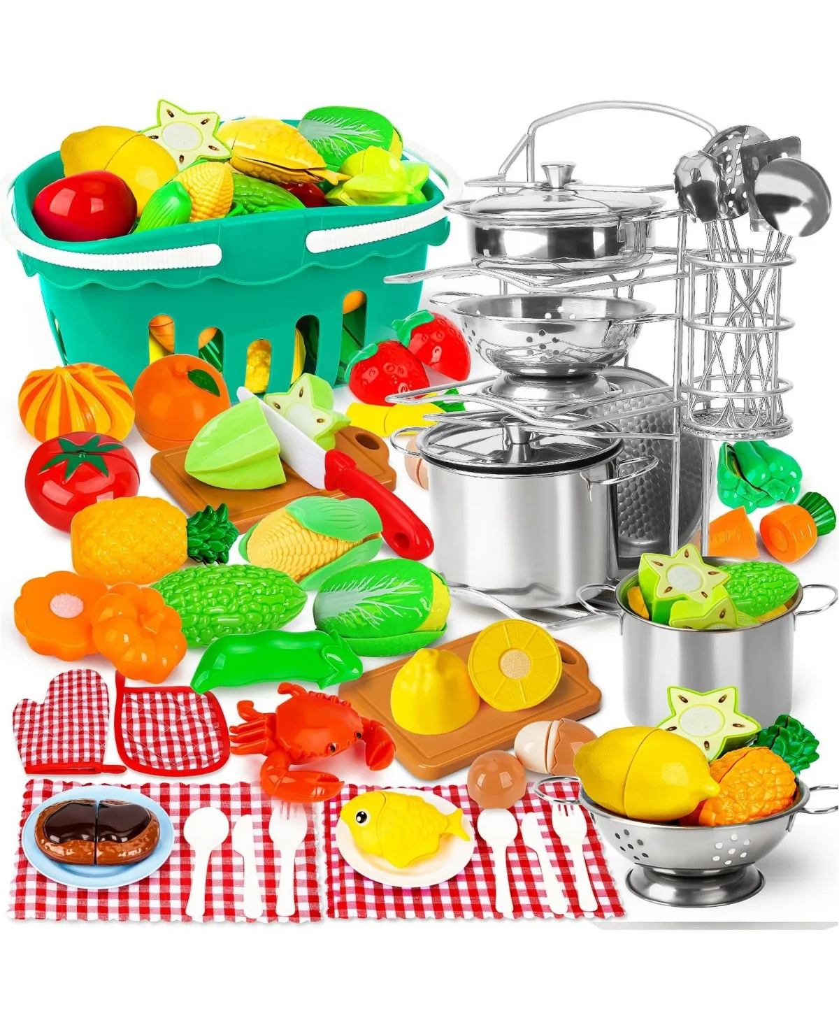 Stainless Steel Cookware & Pretend Food Set 95-Piece Kitchen Playset, Ages 3-6 by Gnuadz