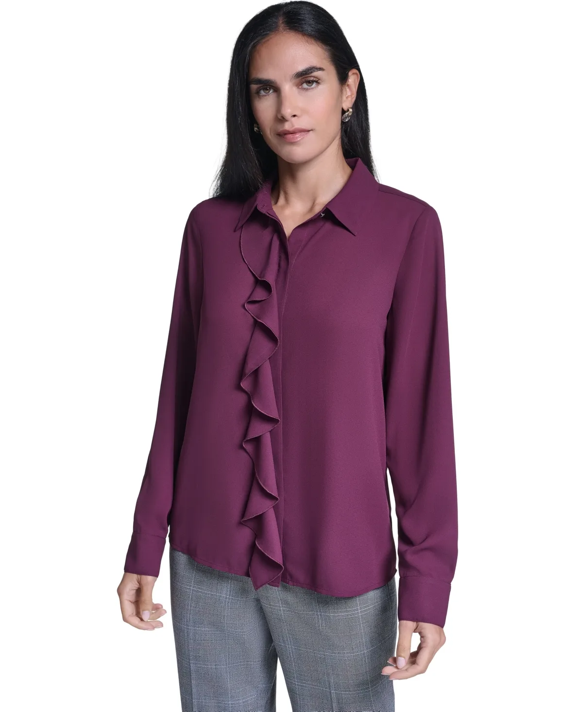 Ruffle-Front Long-Sleeve Blouse by Calvin Klein