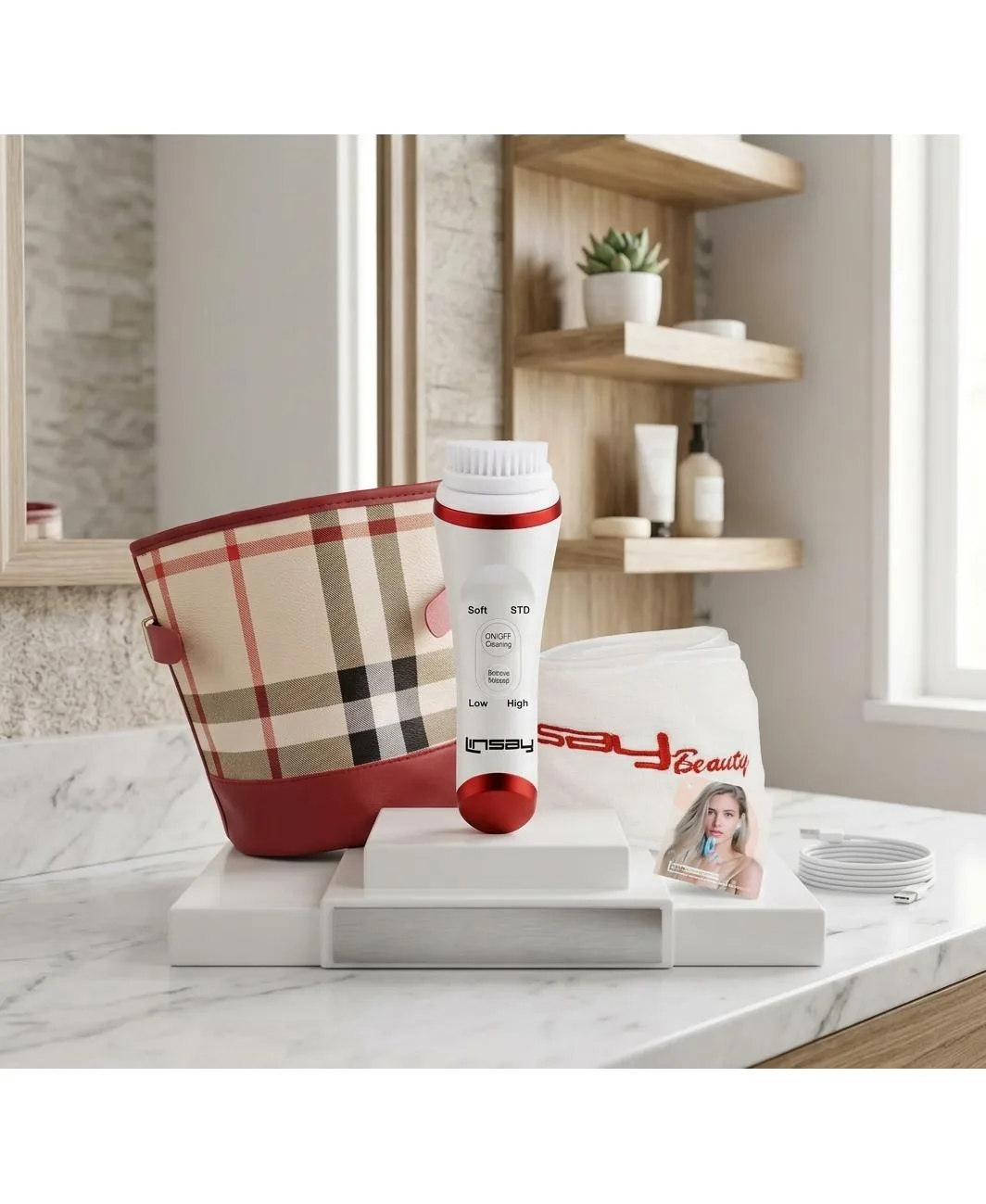 UltraSonic Facial & Body Cleansing Brush with Temperature Control for Deepest Pores Cleaning Spa Bundle with Usb Cable, Headband & Bag by Linsay