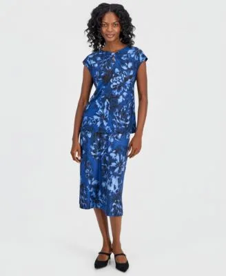 Printed Bow Neck Extended Shoulder Top Pull on a Line Midi Skirt by Kasper