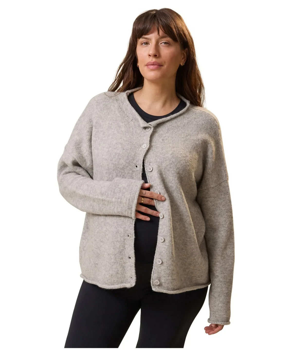 Maternity Oversized Button-Down Crewneck Cardigan