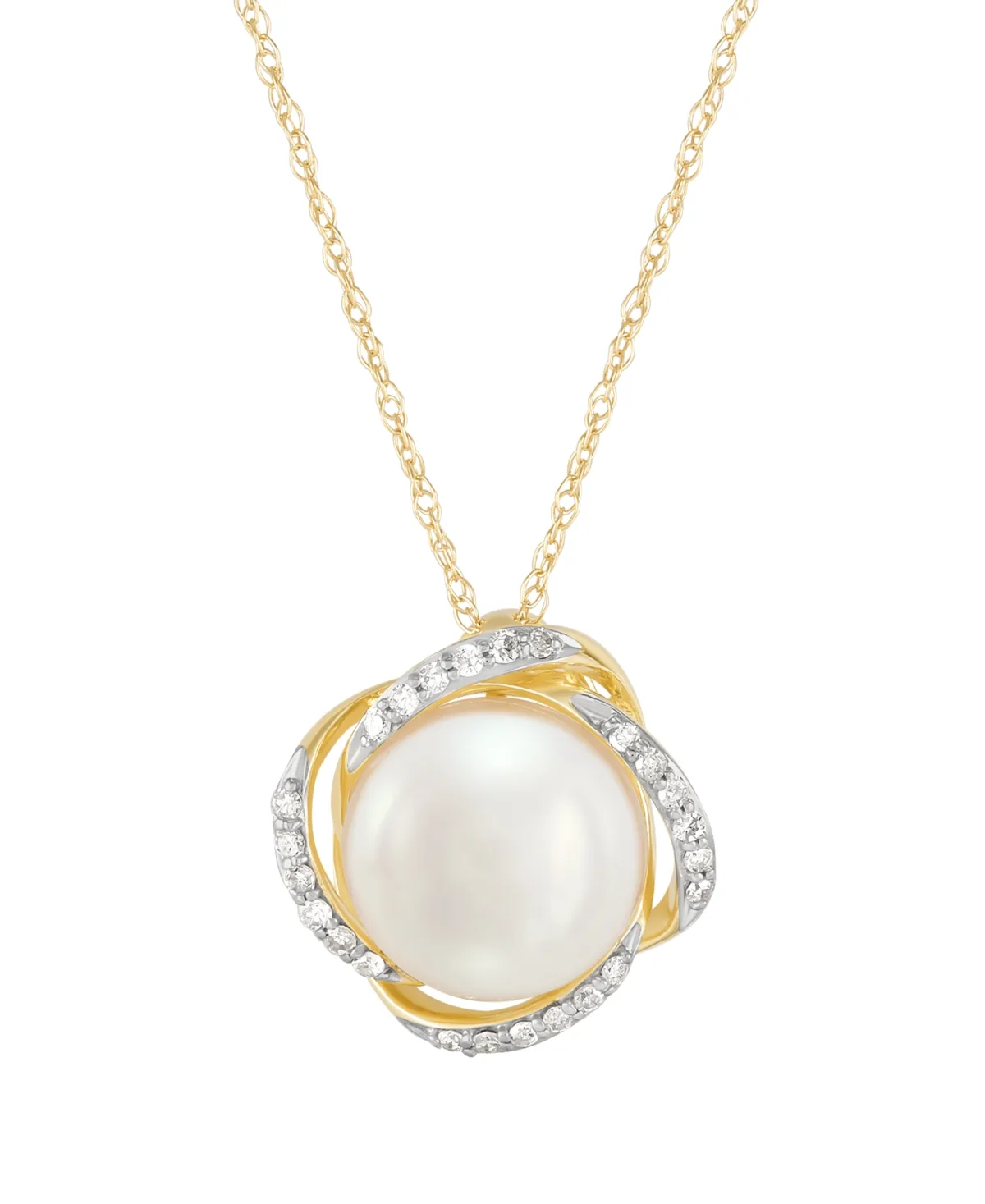 Cultured Freshwater Pearl and Diamond Love Knot Necklace (1/10 ct. t.w.) in 10k Yellow Gold by Honora