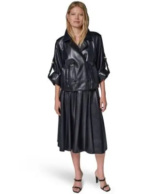Roll Sleeve Short Jacket Pleated Faux Leather Midi Skirt by Donna Karan New York