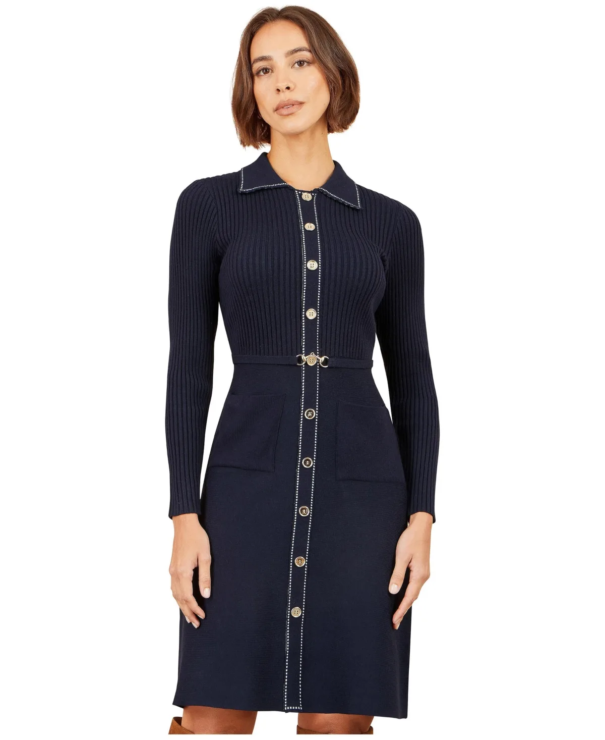 Skater Rib-Knit Belted Knee-Length Shirt Dress by Yumi