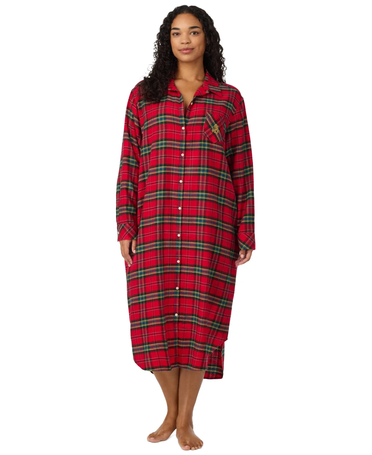 Long-Sleeve Button-Front Plaid Sleep Shirt by Ralph Lauren