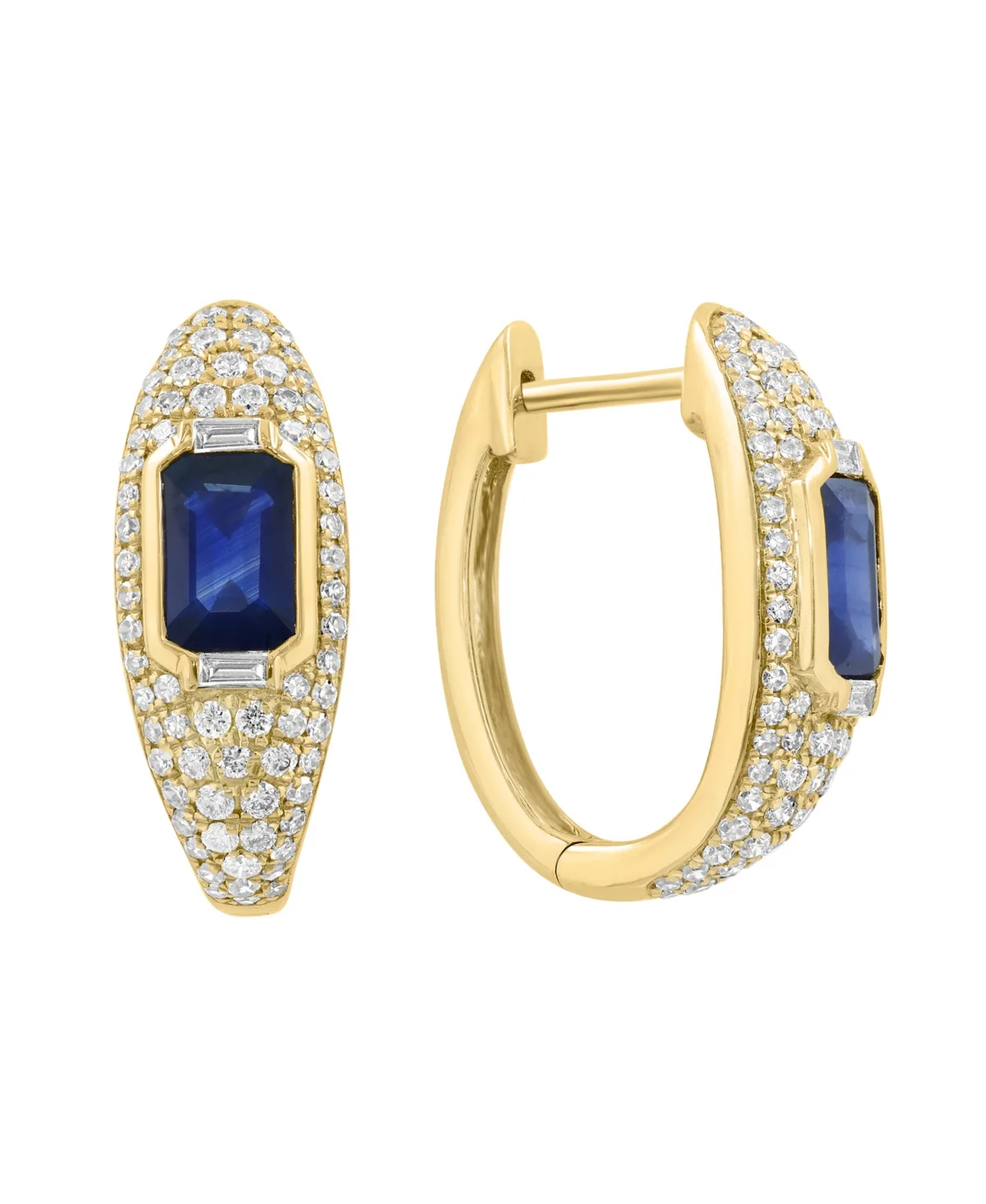 Diamond and Emerald-Cut Sapphire Huggie Earrings (5/8 ct. t.w. Diamond, 1-1/3 ct. t.w. Sapphire) in 14k Yellow Gold by Effy Collection