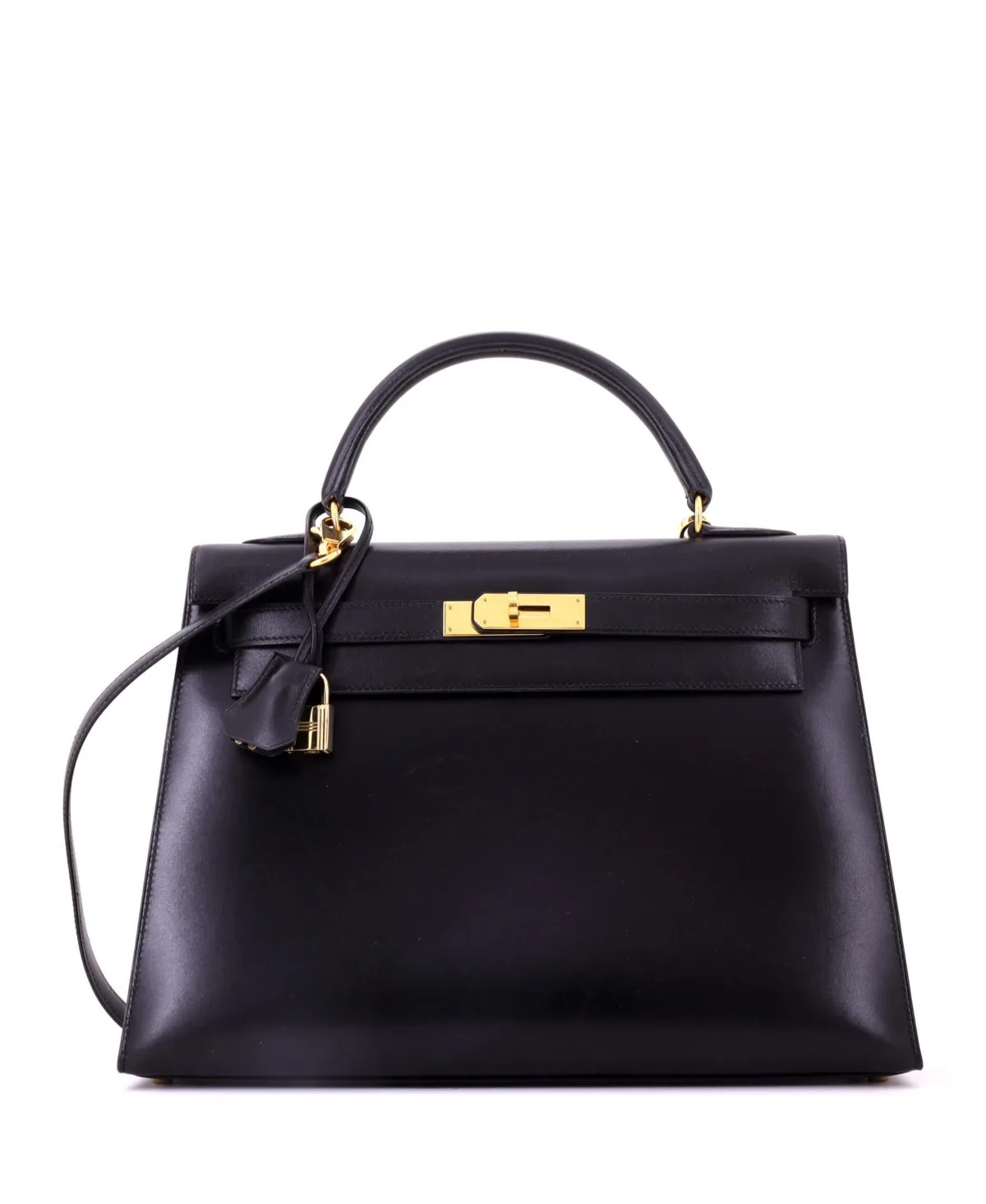Pre-Owned Kelly 32 Box Calf Shoulder Bag with Gold Hardware by Hermes
