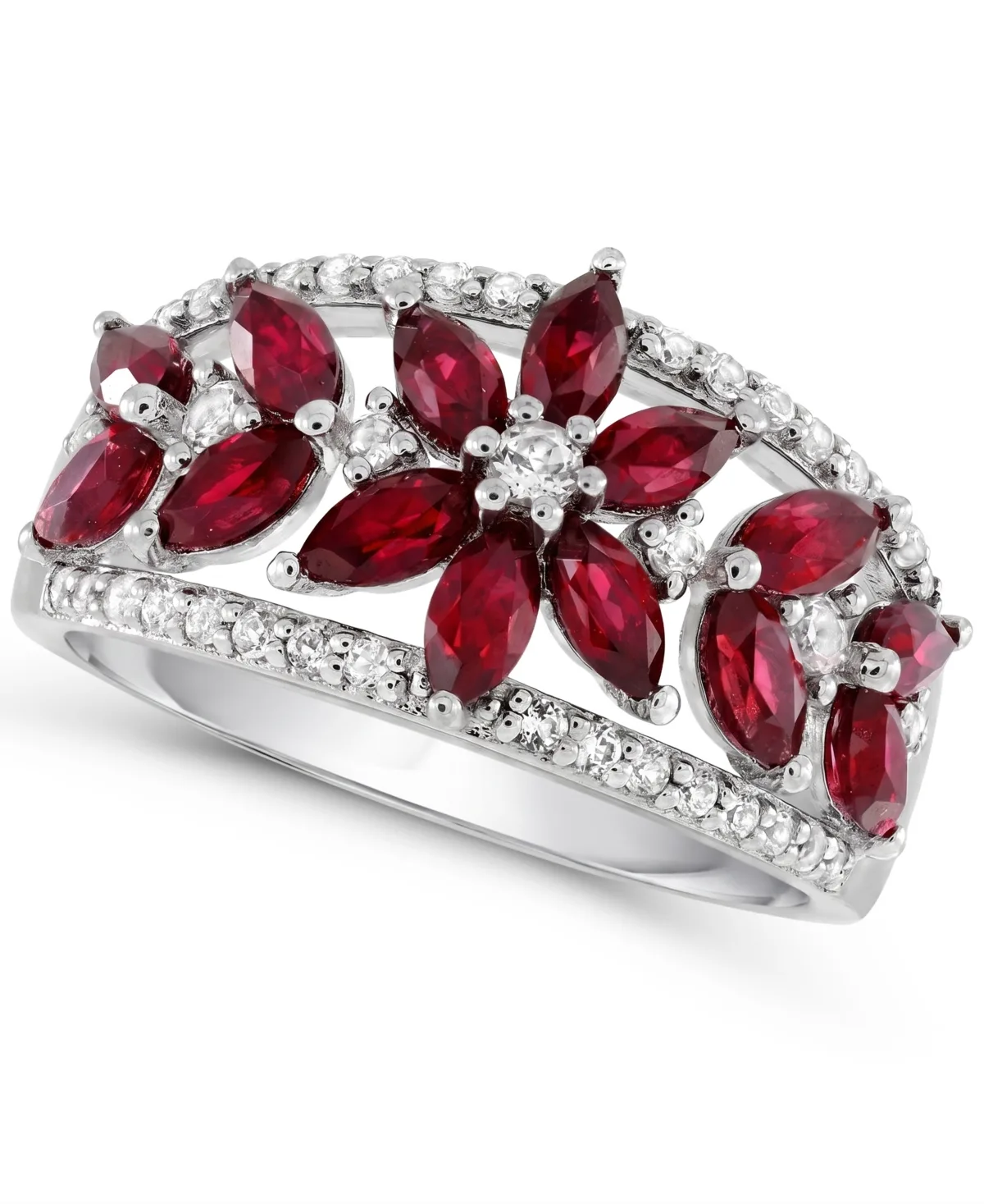 Lab-Grown Ruby and Lab-Grown White Sapphire Floral Ring (1-1/3 ct. t.w. Ruby, 3/8 ct. t.w. Sapphire) in Sterling Silver by Macy's