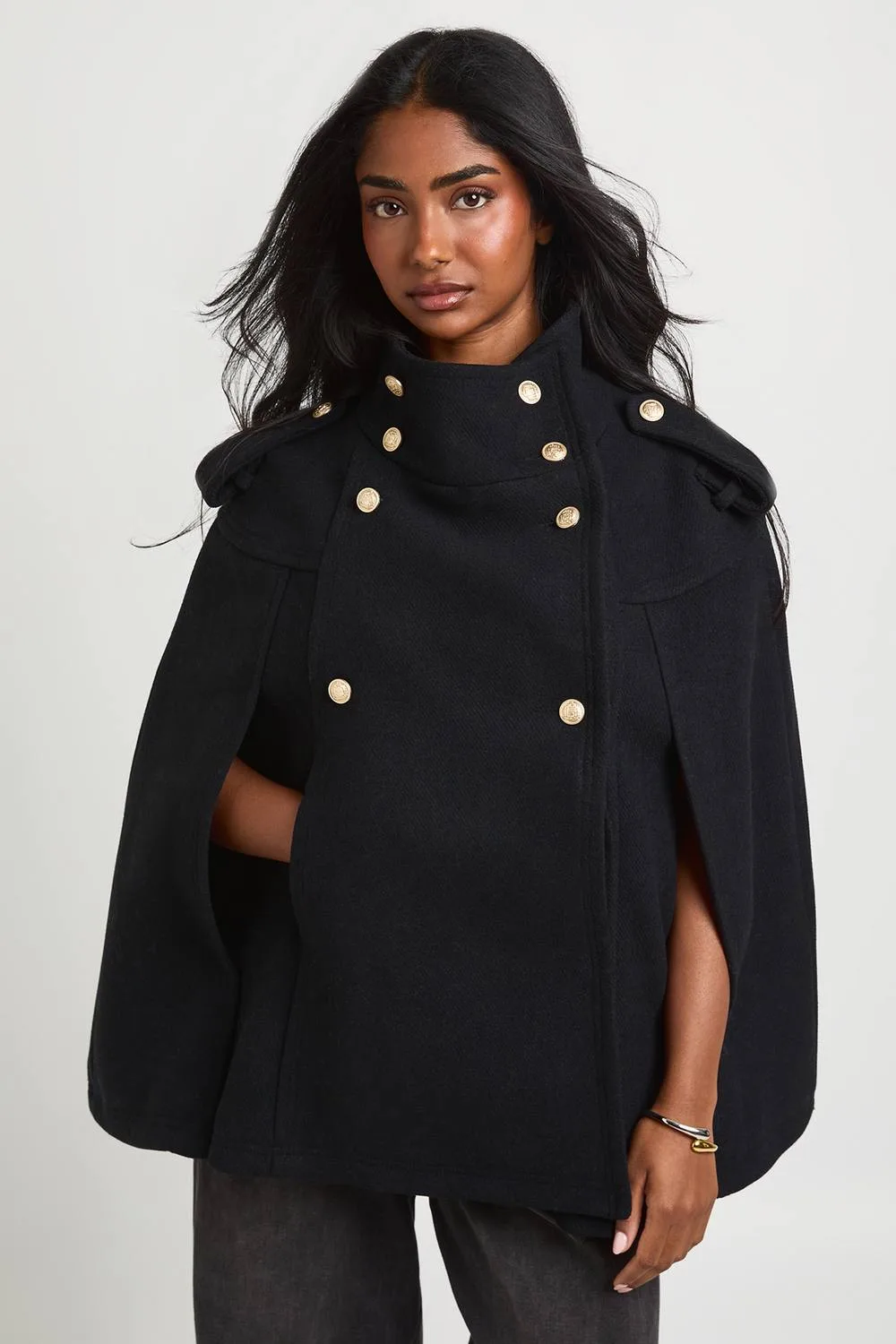Military Button Detail Wool Look Cape by boohoo