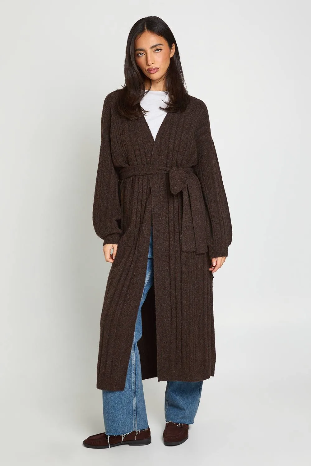Belted Mixed Rib Soft Knit Maxi Cardigan