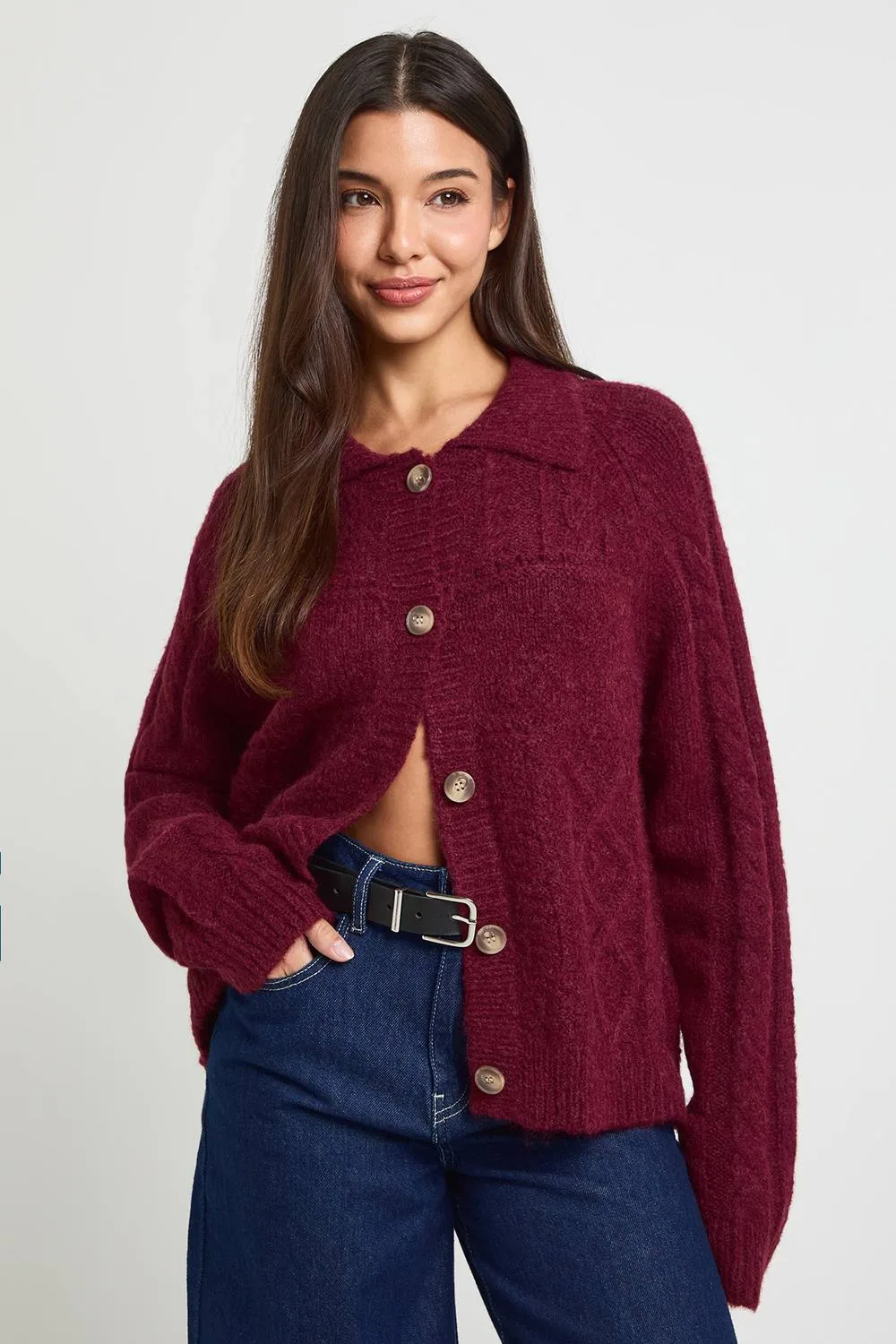 Cable Detail Collared Cardigan by boohoo