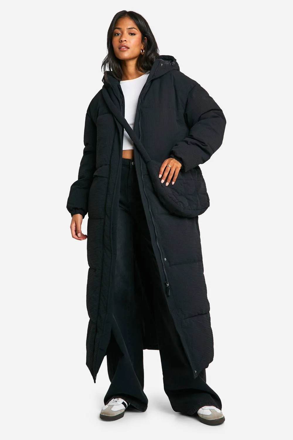 Longline Hooded Puffer Jacket with Matching Bag by boohoo